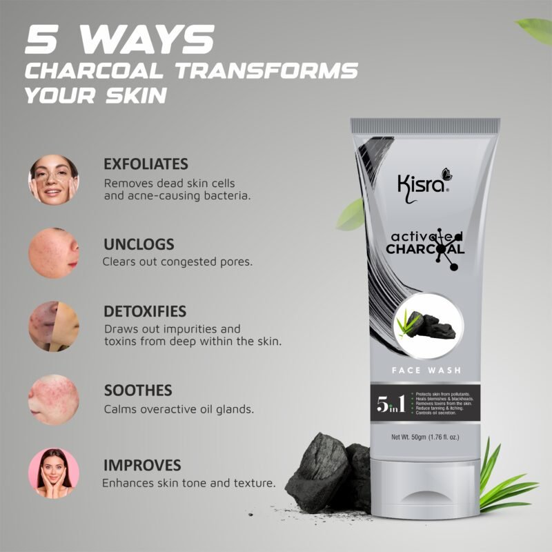 Kisra Activated Charcoal Anti-Pollution Face Wash for Deep Pore Cleaning, 50gm | Removes Dirt & Impurities | Suitable for Acne Prone Skin | For Men & Women - Image 4