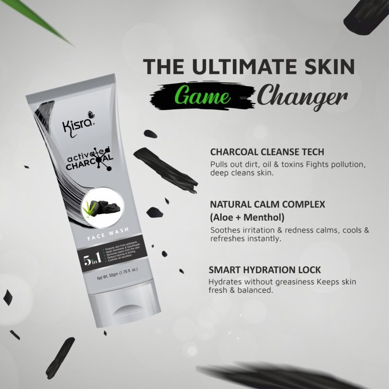 Kisra Activated Charcoal Anti-Pollution Face Wash for Deep Pore Cleaning, 50gm | Removes Dirt & Impurities | Suitable for Acne Prone Skin | For Men & Women - Image 5